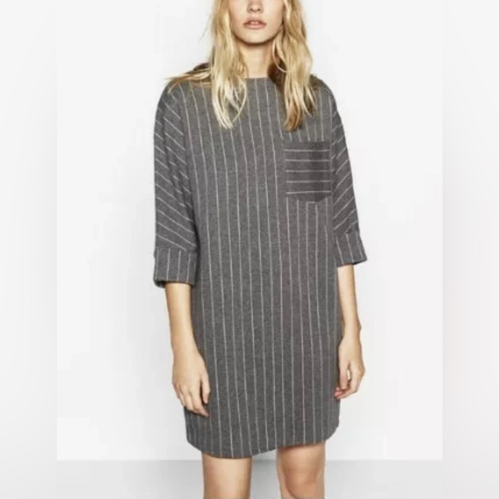 Zara Gray and White Cuffed Sleeve Shirt Dress
